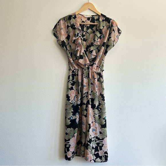 Summer Printed Floral Dress in Black, Pink and Sage - Picture 1 of 4